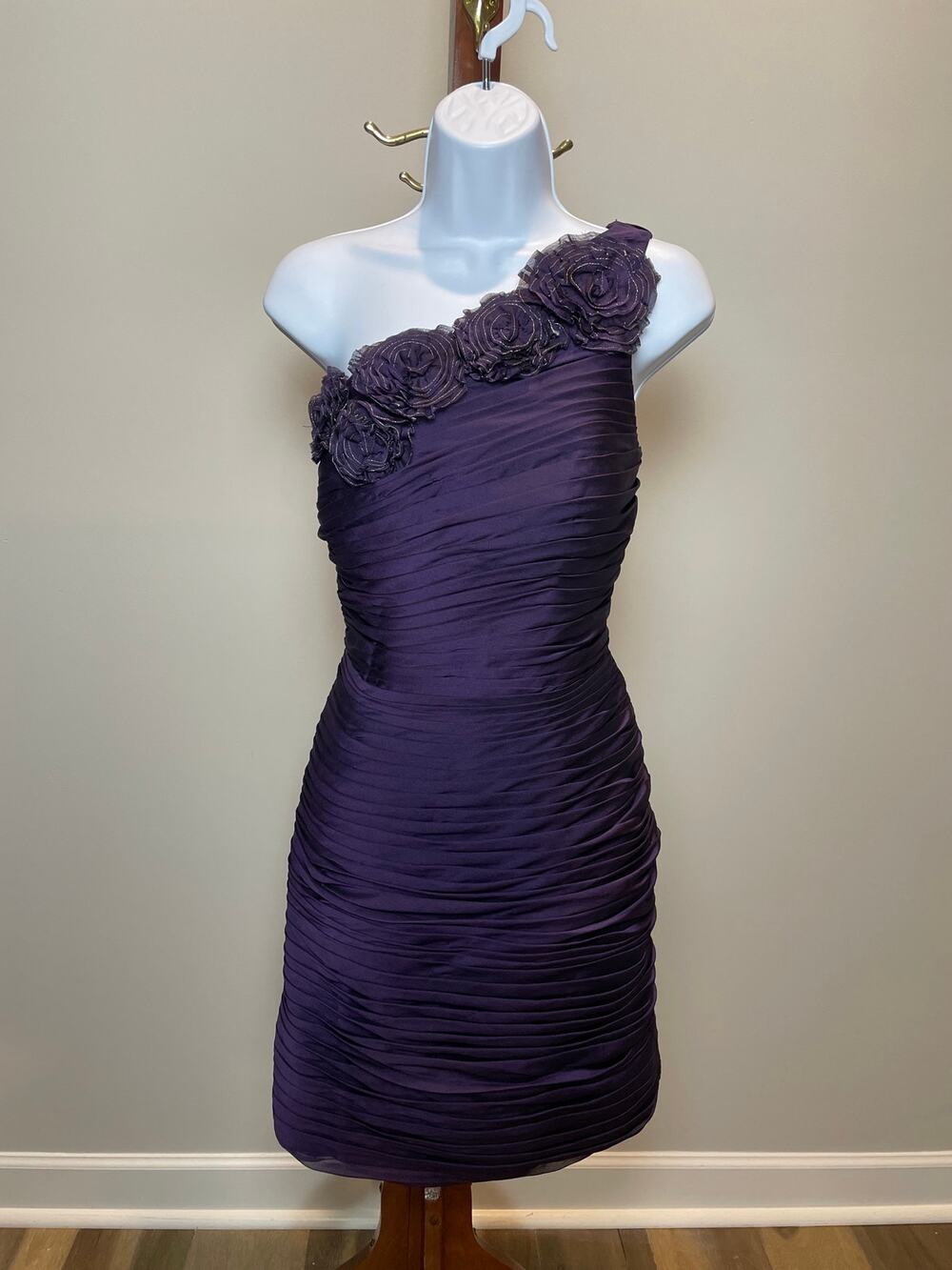 Bill Levkoff Purple One‑Shoulder Bodycon Mini Dress Chiffon Ruffle Size 12